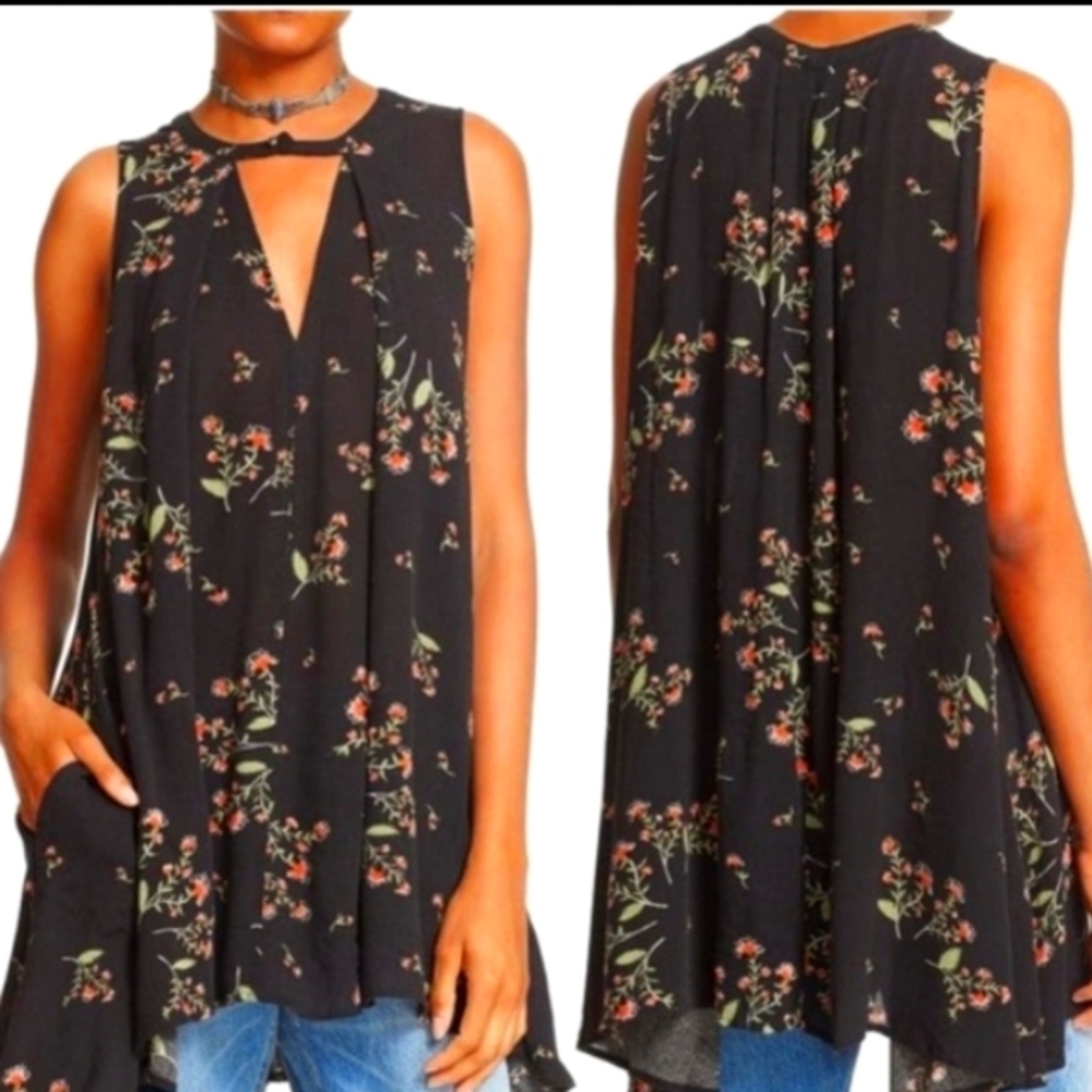 Free People Boho Floral Oversized Swing Floral Sleeveless Tunic Top, Small